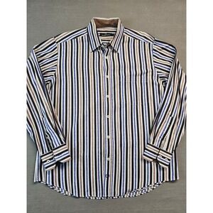 Bugatchi Uomo Mens Large Button Down Shirt Long Sleeve Striped Cotton Blue Brown